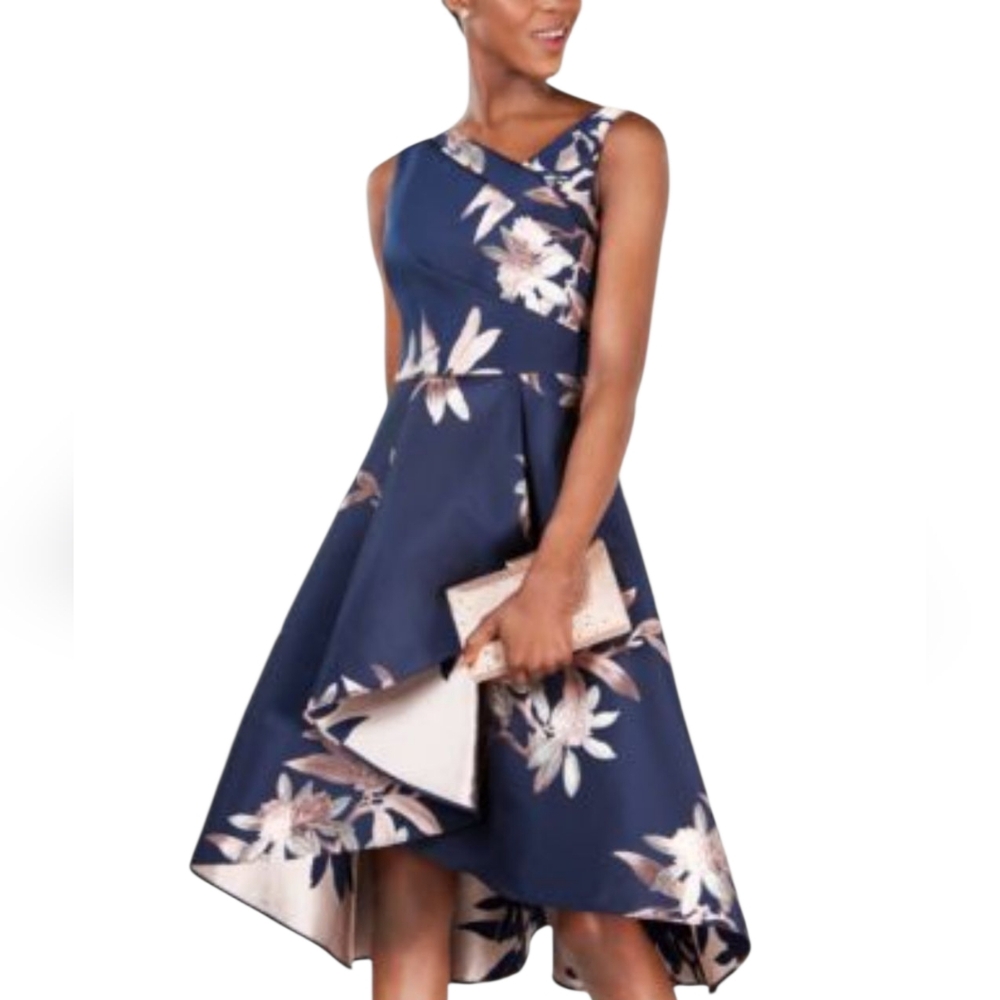 Adrianna Papell Navy Blue Floral High-Low Dress